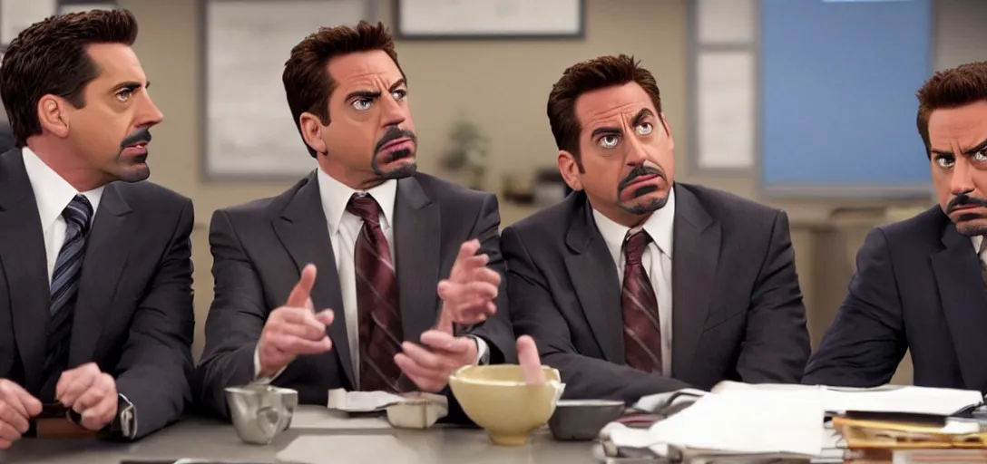 Image similar to a very high resolution image of tony stark and micheal scott. from an episode of the office. photorealistic, photography