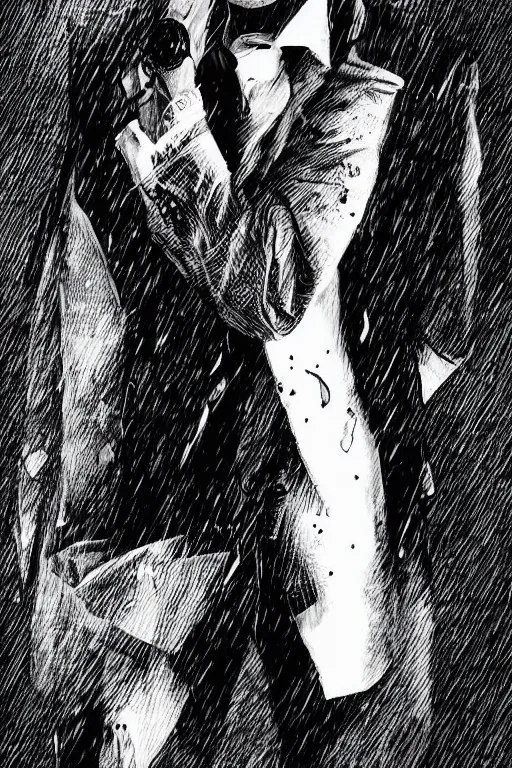 Image similar to black and white illustration of Patrick Bateman in a rainy street, neo noir style, Frank Miller creative design, body horror, high detail