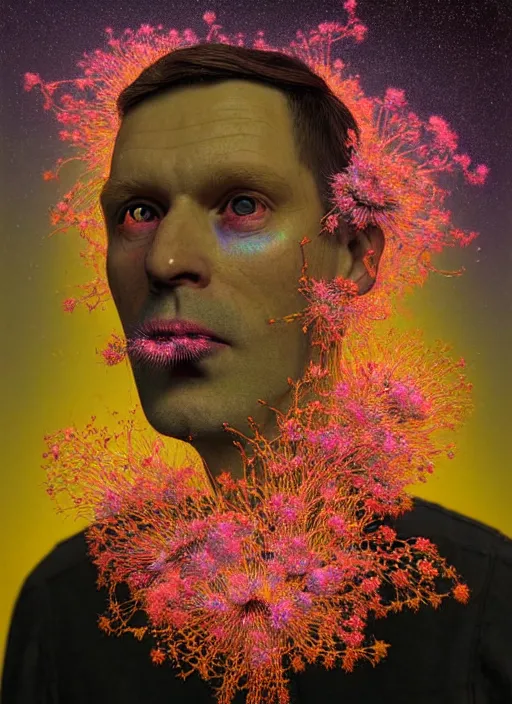 Image similar to hyper detailed 3d render like a Oil painting - serious portrait of Hank Green in Aurora (Singer) seen Eating of the Strangling network of yellowcake aerochrome and milky Fruit and Her delicate Hands hold of gossamer polyp blossoms bring iridescent fungal flowers whose spores black the foolish stars by Jacek Yerka, Mariusz Lewandowski, Houdini algorithmic generative render, Abstract brush strokes, Masterpiece, Edward Hopper and James Gilleard, Zdzislaw Beksinski, Wolfgang Lettl, hints of Yayoi Kasuma, octane render, 8k