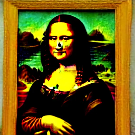 Image similar to failed restoration of mona lisa, modernized features, partly ruined painting smudges