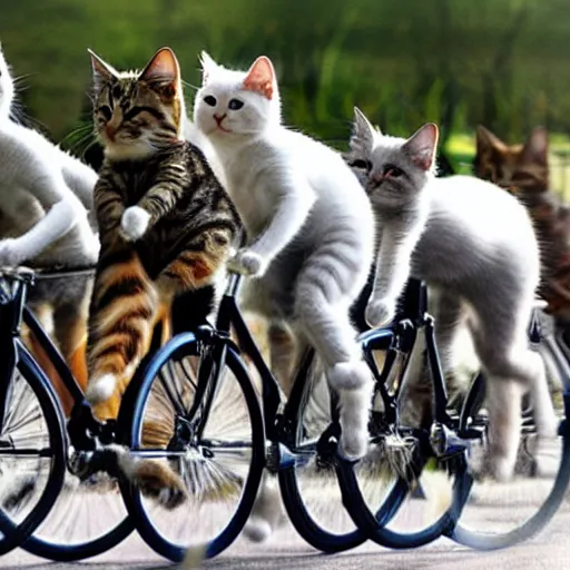 Prompt: group of cats!!!!!!!!!!! riding bikes, bicycles, photo, highly detailed