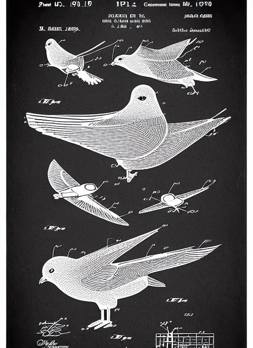 Image similar to a graphic design poster of the isometric detailed blueprint of the pigeon in space, patent illustration, no text 1 9 9 0, poster design, japan graphic comics manga art illustration, silkscreen risograph, greyscale monochrome