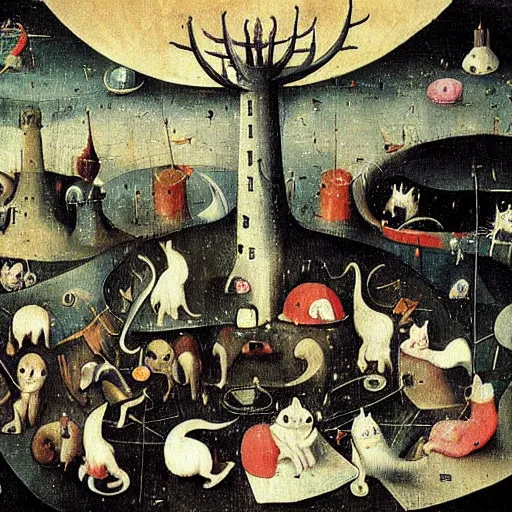 Image similar to a world invaded by cats, hieronymus bosch, very detailed