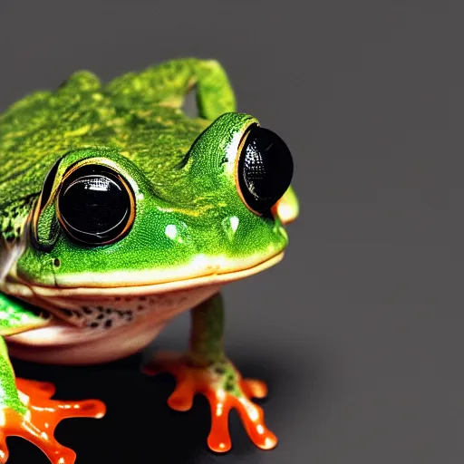 Image similar to cyborg frog with a camera lens as a head, clean design, front profile mugshot, monochromatic photo