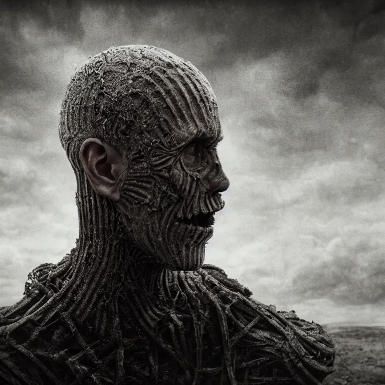 Image similar to ribbed man face portrait, baroque painting, standing in a desolate empty wasteland, creepy, nightmare, dream-like heavy atmosphere, surreal abandoned buildings, beautiful detailed intricate insanely detailed octane render trending on Artstation, 8K artistic photography, photorealistic, chiaroscuro, Raphael, Caravaggio, Beksinski, Giger