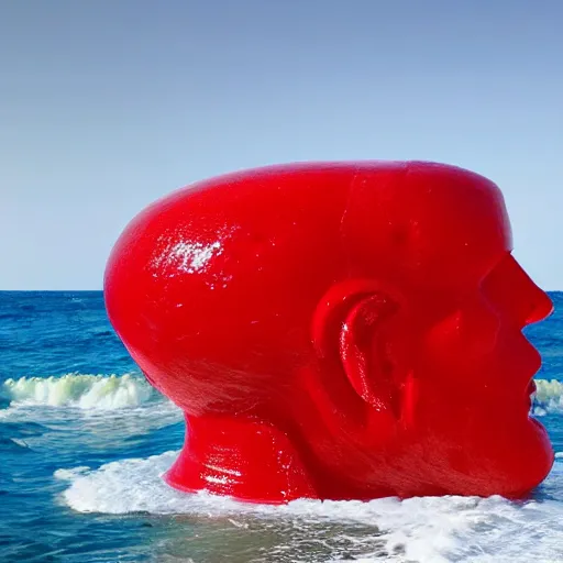 Image similar to a giant human head sculpture in the sea made out of eatable red jelly, in the style of chad knight, long shot, hyper detailed, hyper realistic, ray tracing, 8 k resolution, sharp focus, realistic water, award winning