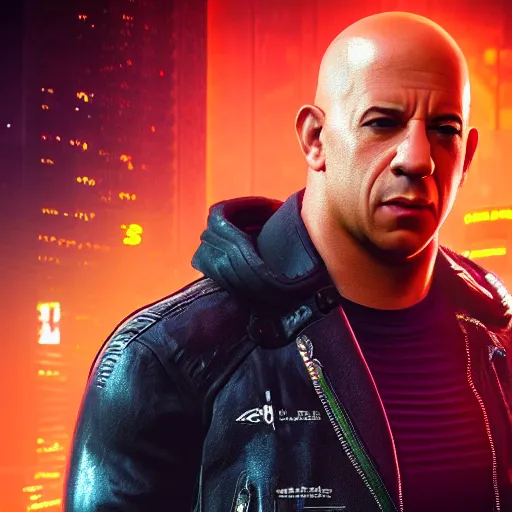 Prompt: vin diesel portrait, cyberpunk 2 0 7 7, cyberpunk jackie welles, photorealistic, ultra detailed, neon, octane, bokeh, cinematic lighting, cyber, cyberpunk city, studio quality, feature, scars, cyberface, 8 k