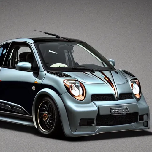 Prompt: uncropped photo of a Pagani Twingo designed by H.R. Giger, promotion shot