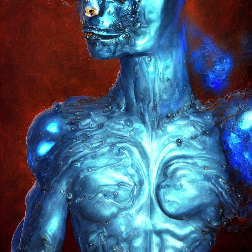 Prompt: neoclassicist renaissance full body portrait of blue demon seated inside singularity, with high tech body connection implants interface. iridescent textures. highly detailed fantasy science fiction painting by chris cunningham and vrubel. dark and volumetric. trending on artstation