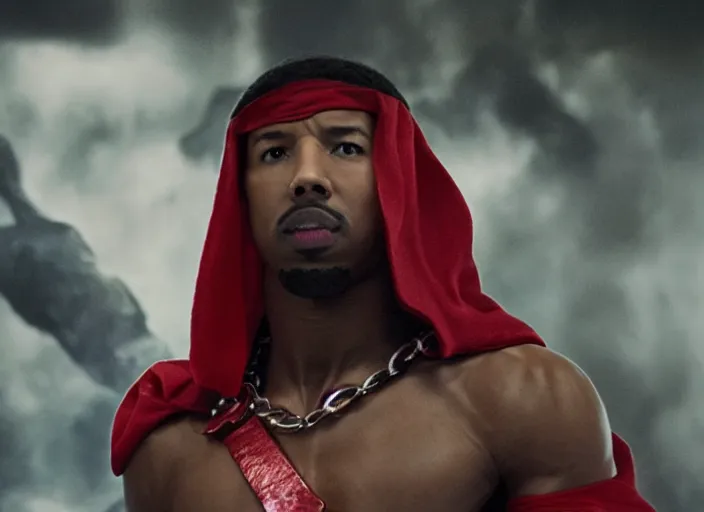 Image similar to film still of michael b jordan as spawn in the new spawn movie, giant chains, large cape, 8 k
