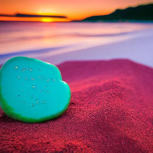 Image similar to purple refrigerator on red sand beach, green ocean and nebula sunset