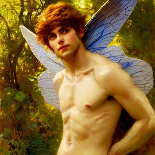 Image similar to attractive male fairy with wings in the forest, posing. highly detailed painting by gaston bussiere, craig mullins, j. c. leyendecker, 8 k