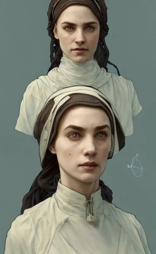 Image similar to portrait of a dystopian woman wearing an outfit inspired by the handmaid ’ s tale ( 2 0 1 7 ), intricate, headshot, highly detailed, digital painting, artstation, concept art, sharp focus, cinematic lighting, digital painting, art by artgerm and greg rutkowski, alphonse mucha, cgsociety