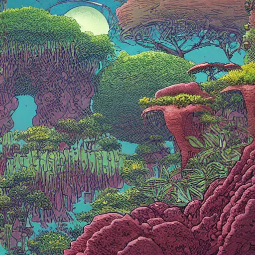 Image similar to illustration of a lush natural scene on an alien planet by moebius. detailed. beautiful landscape. colourful weird vegetation. cliffs and water.