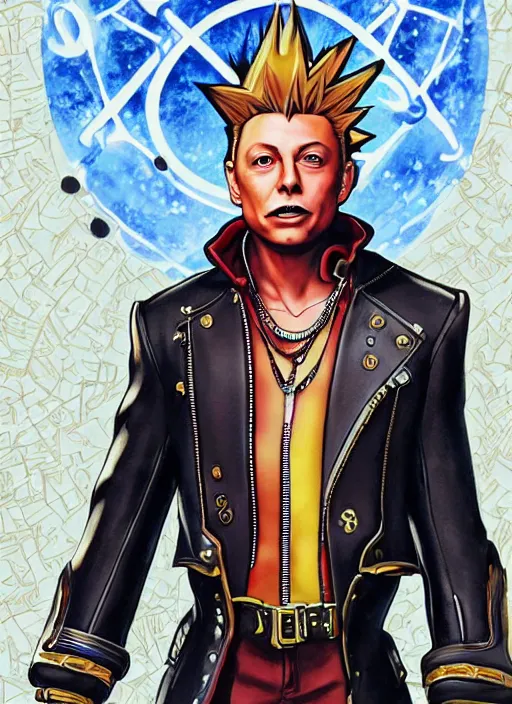 Image similar to elon musk as a kingdom hearts keyblade villain, official square enix hand painted artwork, intricate design, high definition, delicate patterned, fantasy, fashionable rpg clothing