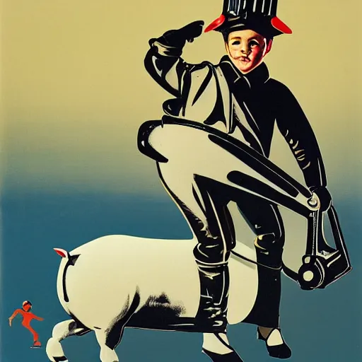 Prompt: retro futuristic boy wearing crown riding on the back of a pig by syd mead Board Painting, high contrast, sharp, 8k