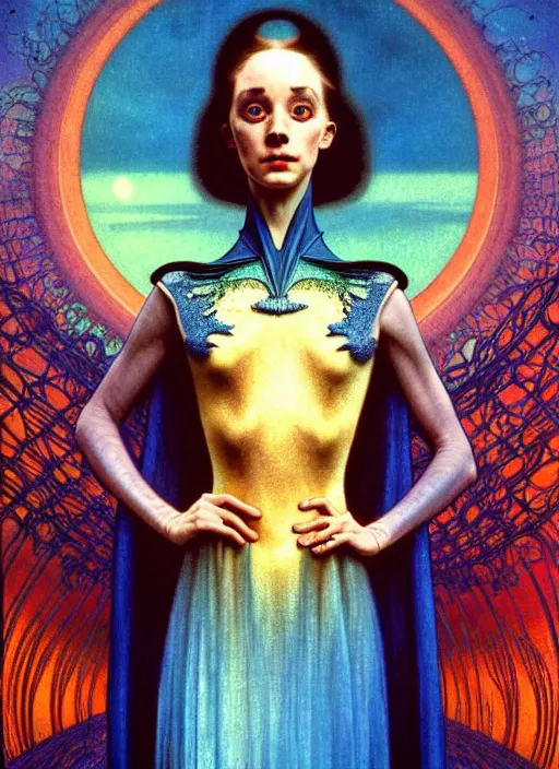 Image similar to realistic detailed portrait movie shot of a prima ballerina wearing a dark robes, sci fi city landscape background by denis villeneuve, amano, yves tanguy, alphonse mucha, ernst haeckel, max ernst, roger dean, masterpiece, rich moody colours, dog teeth, blue eyes, sunset