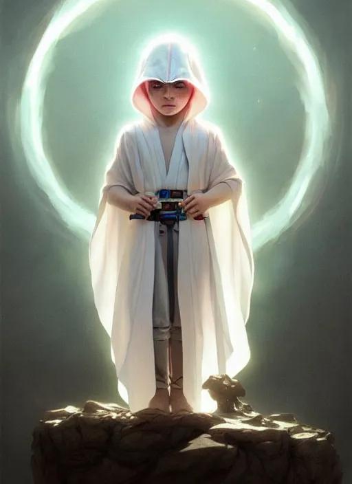 Image similar to perfectly - centered - portrait of a kid wearing white cloak holding light saber, intricate, highly detailed, digital painting, artstation, concept art, smooth, sharp focus, illustration, unreal engine 5, 8 k, art by artgerm and greg rutkowski and alphonse mucha