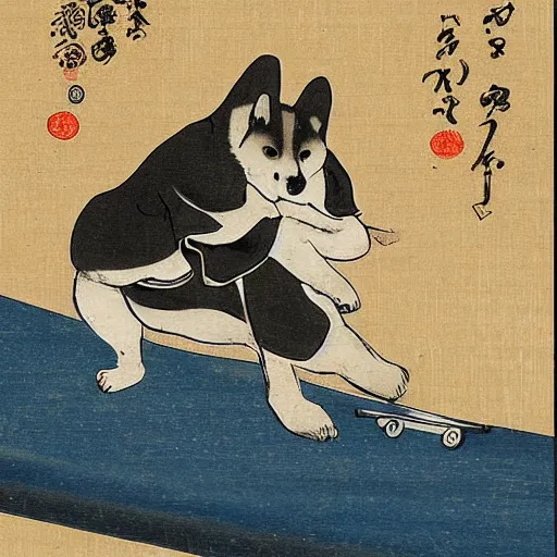 Image similar to shiba inu ninja on a skateboard on a birthday card, highly detailed, 1 8 th century japanese painting,