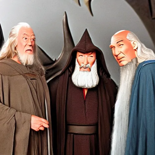 Prompt: jesus, gandalf and picard hanging out together