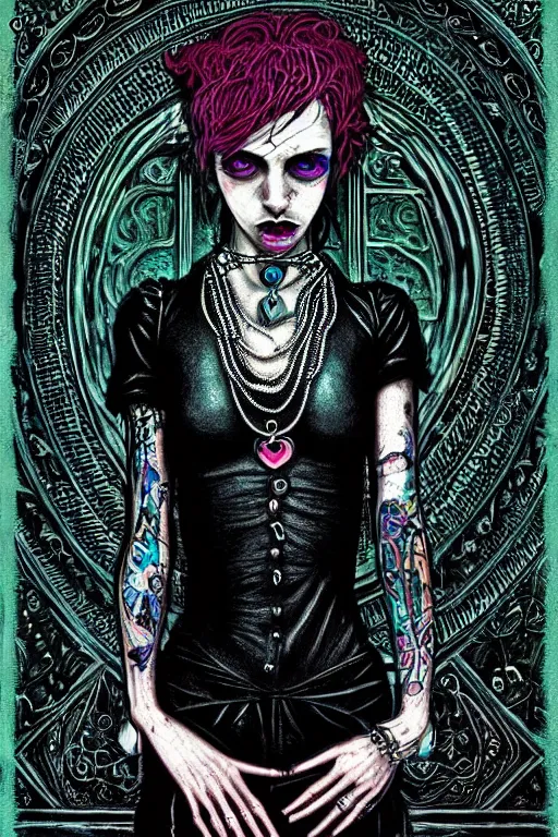 Image similar to dreamy gothic girl, black leather slim clothes, chains, colorful rings, beautiful body, detailed acrylic, grunge, intricate complexity, by dan mumford and by alberto giacometti, peter lindbergh