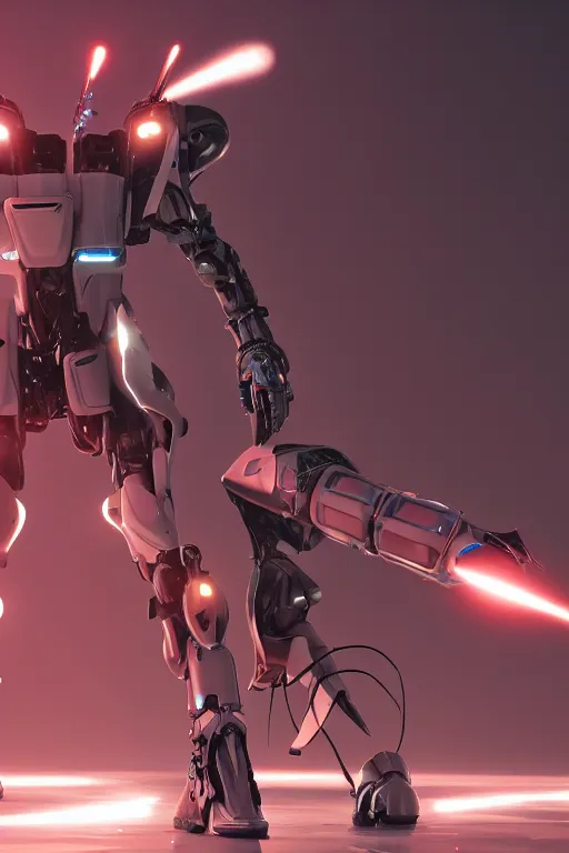 Image similar to game screenshot of a cyber mech warrior designed by tesla with sleek sci - fi armor and mounted gatling gun lasers rocket launchers missles, octane render blender cgsociety maya, academy realm, sharp focus