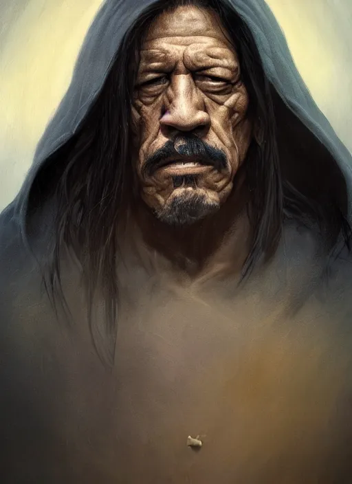Prompt: Portrait of Danny Trejo, cloak, male, fantasy, extremely detailed, digital painting, artstation, concept art, smooth, sharp focus, illustration, stunning lighting, art by artgerm and greg rutkowski and alphonse mucha and simon stalenhag, realistic character concept, high fantasy, dark atmosphere, golden ratio, cinematic lighting, hyperdetailed, high resolution, insanely detailed and intricate, artstation, Marc Simonetti, Greg Rutkowski, 8k