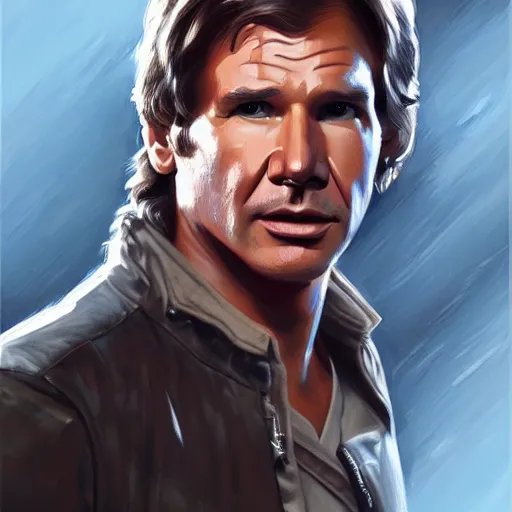 Image similar to harrison ford, han solo chest down, oil painting, artgerm, portrait, highly detailed, artstation