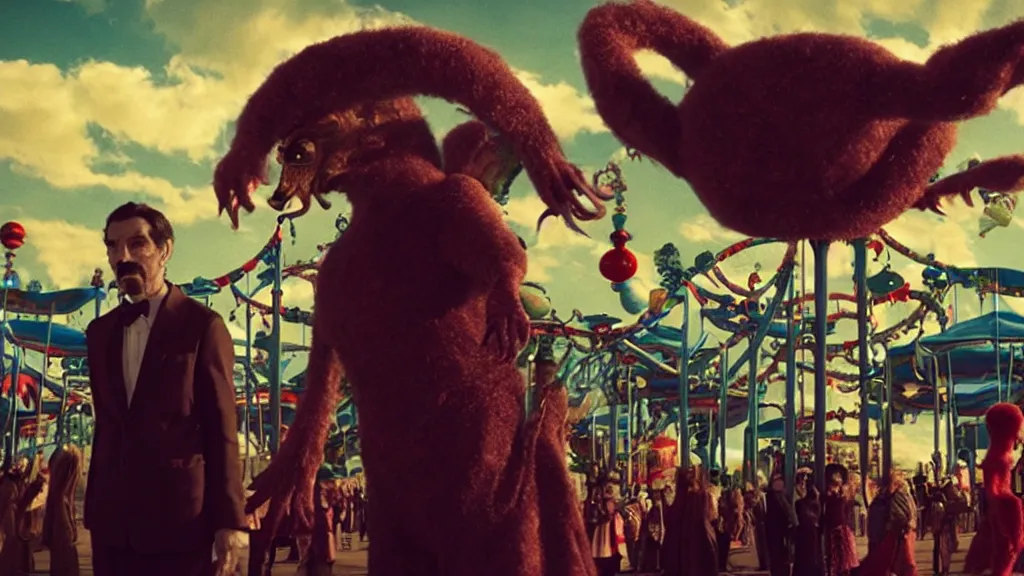 Image similar to the strange creature at the carnival, , film still from the movie directed by Denis Villeneuve with art direction by Salvador Dalí, wide lens