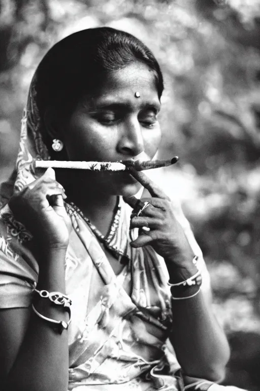 Image similar to portrait of a sri lankan woman smoking cigarette, 8 0's style, high - fidelity