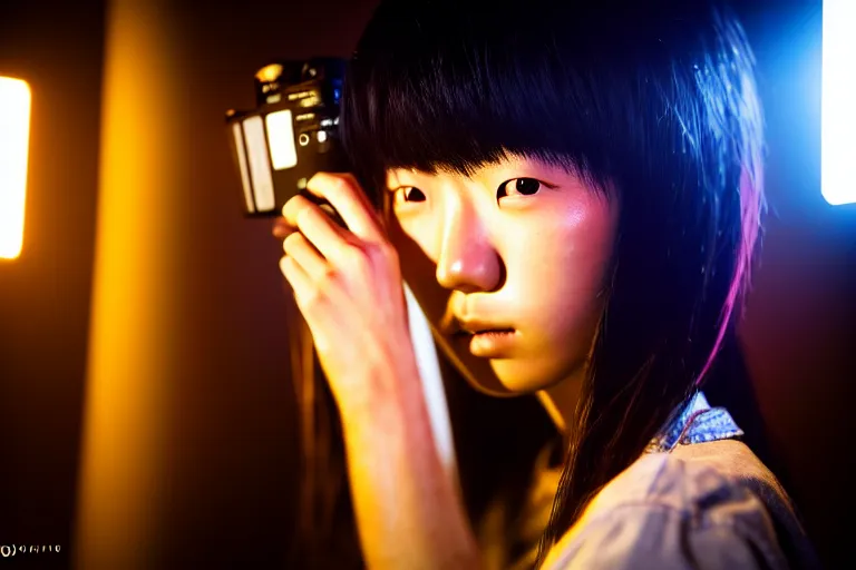 Image similar to photography masterpiece by haruto hoshi and yang seung woo, flash photography, portrait of a young japanese woman with dyed hair sitting in a in a kyabakura night club, shot on a canon 5 d mark iii with a 3 5 mm lens aperture f / 5. 6, dslr, hd, full res, 4 k