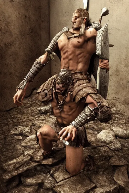 Image similar to aesthetic 3 d model of a wounded viking warrior on his knees by anne stokes, greg rutkowski, and brian belledin : 1 | dirty, bloody, concept art, character concept, matte background, golden ratio, rule of thirds, unreal engine, finalrender, centered, deviantart : 0. 9 | fantasy, artgerm, and larry elmore : 0. 5