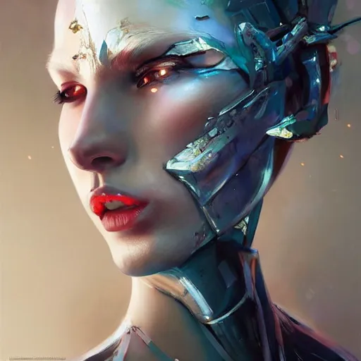 Image similar to A masterpiece portrait of a Incredibly beautiful half slightly damaged robot girl Combat makeup. Vogue. trending on artstation, digital art, by Stanley Artgerm Lau, WLOP, Rossdraws, James Jean, Andrei Riabovitchev, Marc Simonetti, Yoshitaka Amano