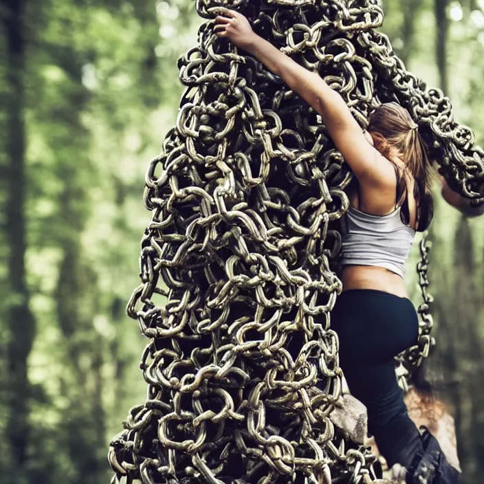 Image similar to a closeup of a woman dragging a pile of chains, in a forest, by Omar Z. Robles, CANON Eos C300, ƒ1.8, 35mm, 8K, medium-format print