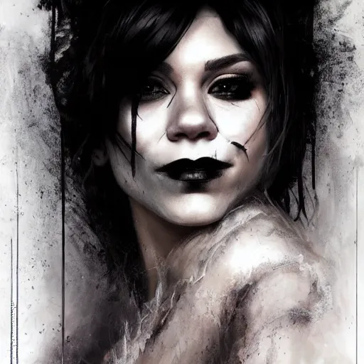 Image similar to beautiful portrait of vanessa hudgens as death from sandman, smiling, by cedric peyravernay, alphonse mucha, by jeremy mann, by lecouffe deharme, goth chic, soft lightning, eyeliner, punk rock, high detailed, 8 k