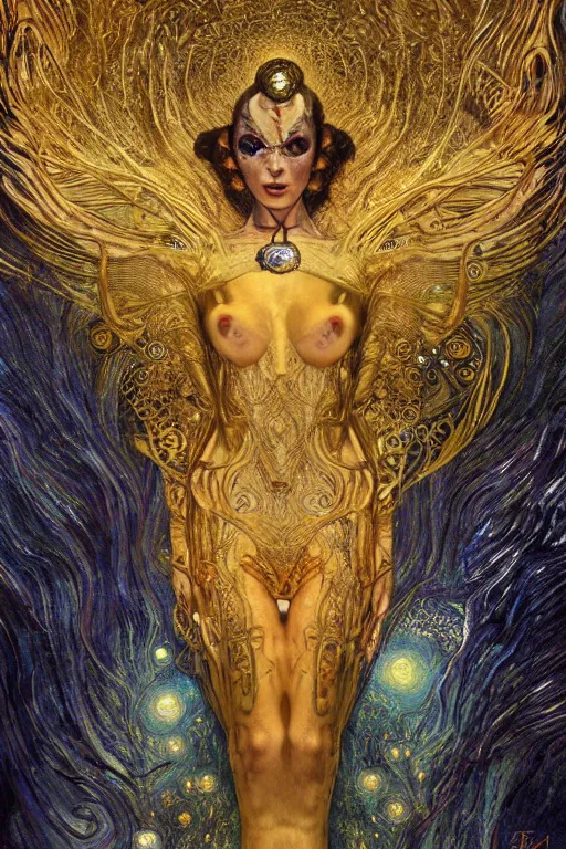 Image similar to Intermittent Chance of Chaos Muse by Karol Bak, Jean Deville, Gustav Klimt, and Vincent Van Gogh, beautiful Surreality portrait, enigma, Loki's Pet Project, destiny, Poe's Angel, fate, inspiration, muse, otherworldly, fractal structures, arcane, ornate gilded medieval icon, third eye, spirals