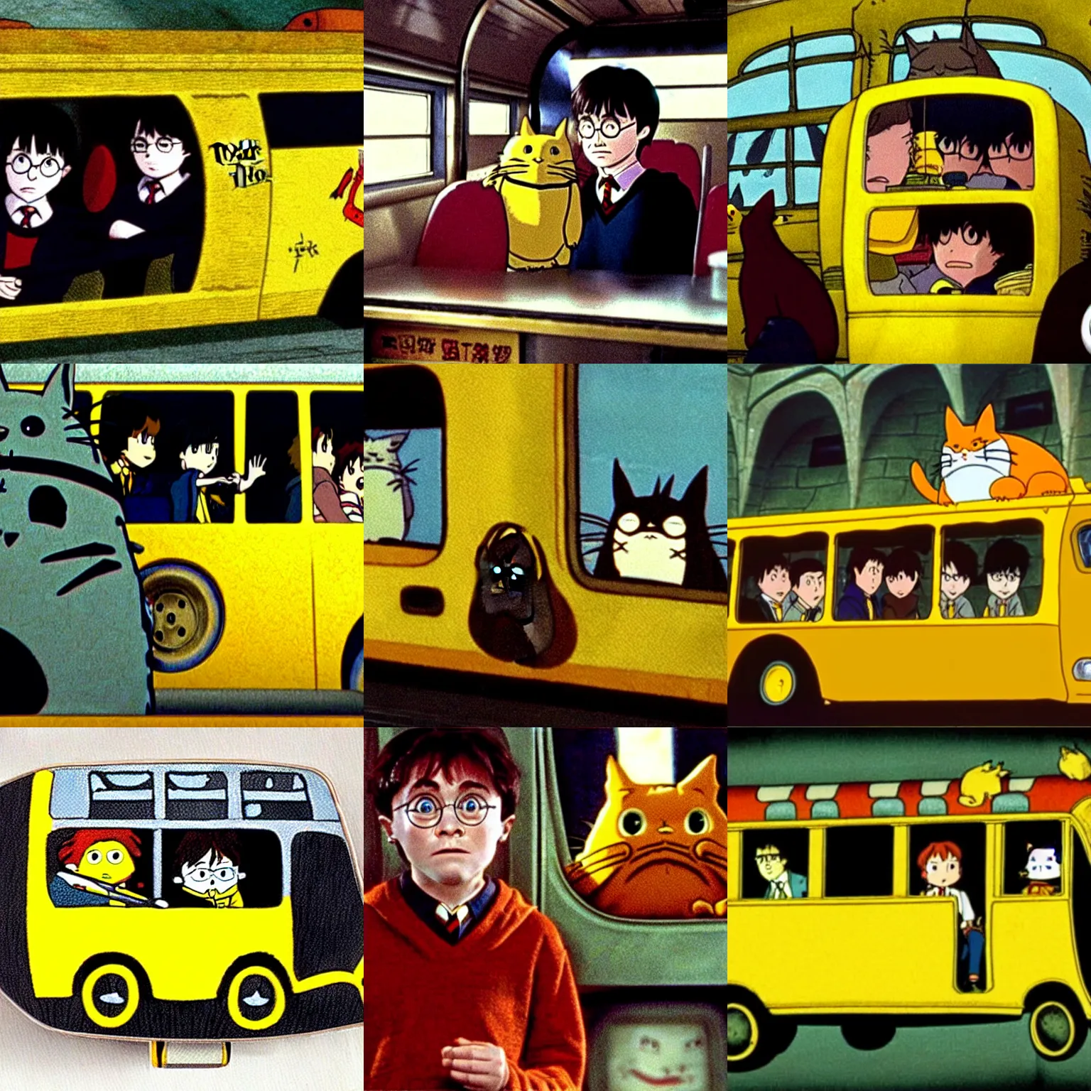 Prompt: movie still harry potter inside yellow cat bus from totoro