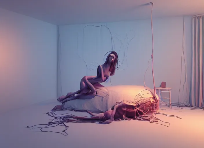 Image similar to rgb, woman, bedroom, cinematic, movie scene, inspired by zdzislaw beksinski, clothes made out of veins,, cables everywhere, bedroom, ultra realistic, concept art, intricate details, highly detailed, photorealistic, octane render, 8 k