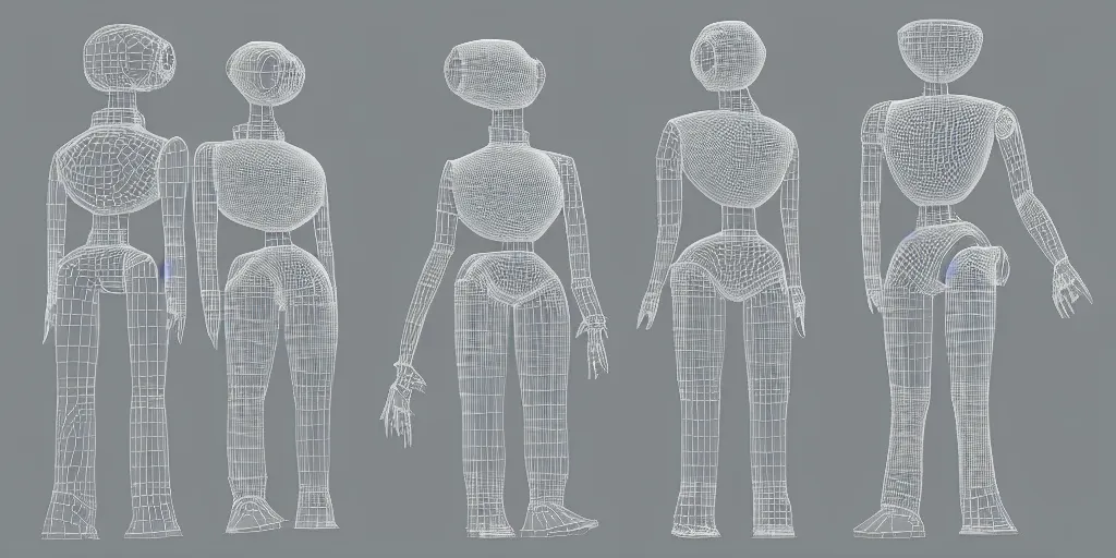 Image similar to highly detailed schematic, technical drawing, orthographic view, 3d wireframe, Japanese robot geisha, split 4 view, blender screenshot