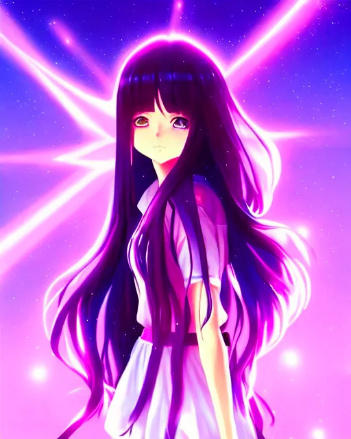 Image similar to anime style, vivid, expressive, full body, 4 k, painting, a cute magical girl with a long wavy black hair, stunning, realistic light and shadow effects, centered, violet sunlight, simple background, studio ghibly makoto shinkai yuji yamaguchi