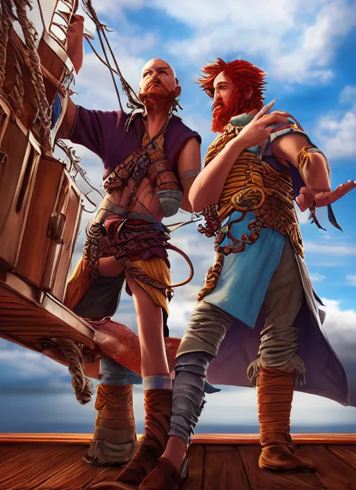 Image similar to an epic fantasy comic book style portrait painting of two bumbling idiot sky - pirates on the deck of a skyship looking at a chest, unreal 5, daz, hyperrealistic, octane render, cosplay, rpg portrait, dynamic lighting