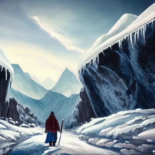 Image similar to A majestic ice cave a river and mountains. A small group of birds is flying in the sky. Harsh winter. very windy. There is a man walking in a deep snow.Camera is positioned behind the man. Cinematic, very beautiful, painting in the style of Lord of the rings