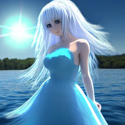 Image similar to a 3D render of a very beautiful anime girl wearing a dress made of water standing in a crystal lake , full body, long white hair with azure blue highlights blending into the dress , azure blue watery eyes, full round face, seductive over the shoulder glances , lens flare, cinematic lighting, golden hour, medium shot, mid-shot, auto-focus , highly realistically detailed, trending on artstation, Unreal Engine 4k, Stanley Artgerm Lau, WLOP, Rossdraws, James Jean, Andrei Riabovitchev, Marc Simonetti, and Sakimichan