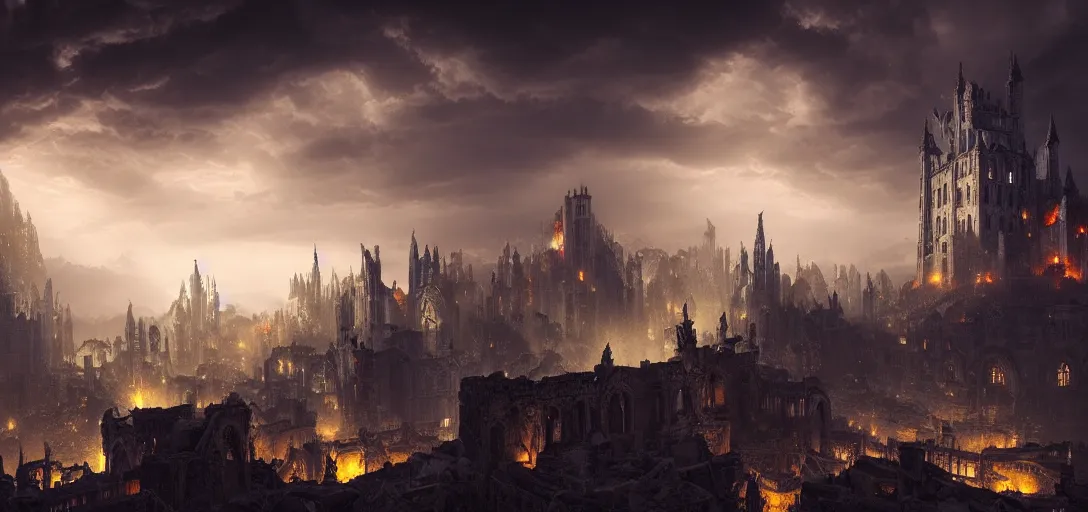 Image similar to view of an gothic city in ruins at night, crumbling castles, glowing dragons breathing fire, dramatic clouds, glowing fog, dramatic lighting, ultra detailed, sharp, ambient occlusion, raytracing, by greg rutowski, paul chadeisson and jessica rossier