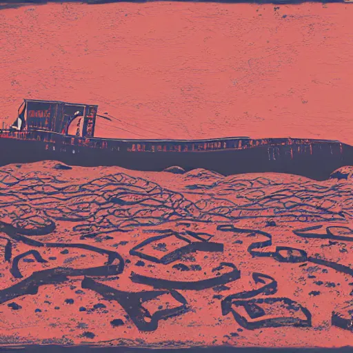 Image similar to an abandoned ship in the aral sea desert, in the style of daniel johnston and outsider art, 8 k, line brush, overlaid with chinese adverts