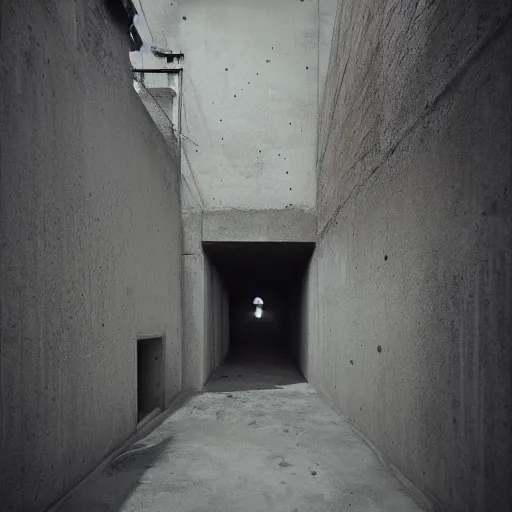 Prompt: concrete corridor with ghost in the end, dark, moody, by Zhang Kechun