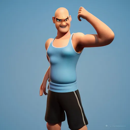 Image similar to handsome thin athletic white man with short buzzed widows peak hair, eyes are blue, facial stubble, wearing tank top, posing outside, depicted as a Pixar character, high quality cg render, 4k