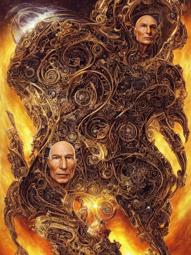 Image similar to fullbody portrait. very complex hyper-maximalist overdetailed cinematic cosmic scifi portrait of an elegant very attractive Captain Picard of the universe by andrei riabovitchev, tomasz alen kopera, oleksandra shchaslyva and peter morbacher. Extremely ornated and decorative. Fancy luxury beautiful. Omnious intricate. Secessionist portrait illustration. Goddess of the sky. Focus on face. Artstation. Deviantart. 8k 4k 64megapixel. Rendered by binx.ly.