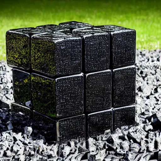 Prompt: shiny black cubes, crashed in the ground, cracks, gas fire in cracks, hd photograph