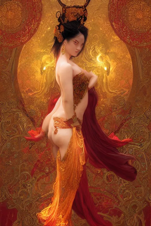 Image similar to tarot card artstation, portrait of an asian love dancer, sunrise, baroque ornamnet and rococo ornament, ancient chinese ornate, hyperdetailed, beautiful lighting, craig mullins, mucha, klimt, yoshitaka amano, red and gold and orange color palatte